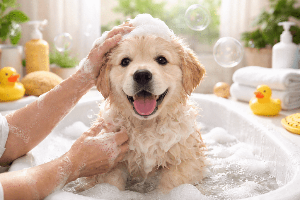 강아지 목욕을 표현한 이미지