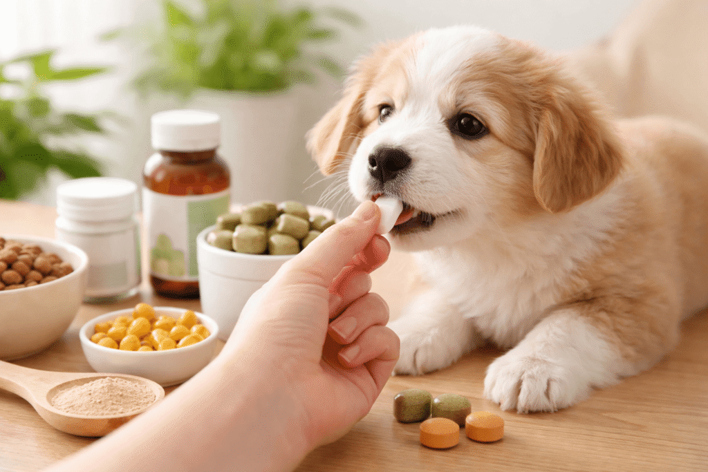 강아지 영양제 먹는 이미지