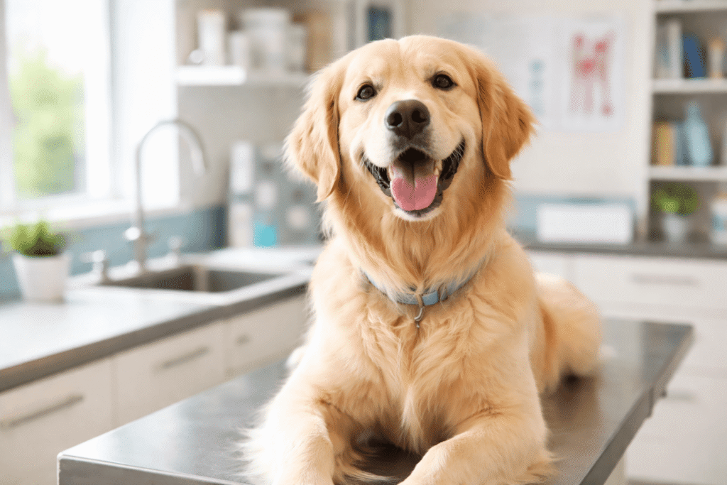 리트리버가 동물병원에 있는 이미지